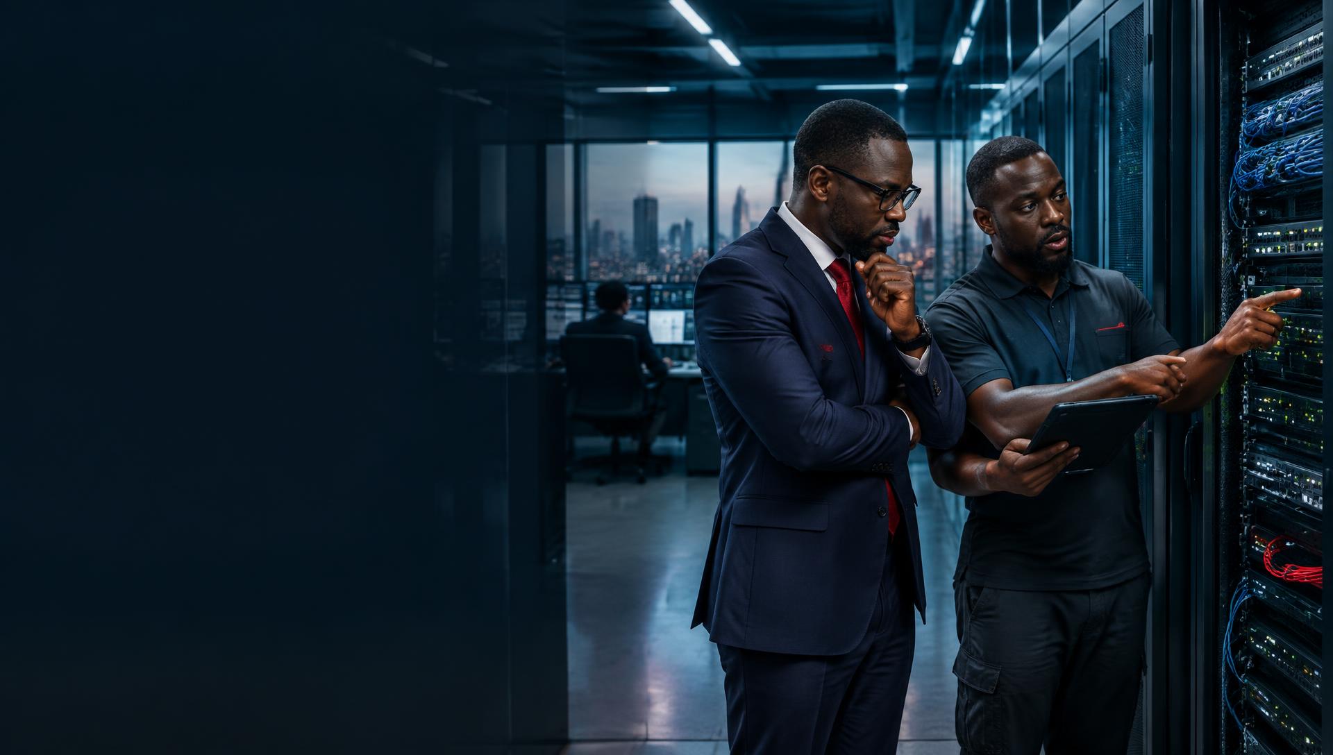 Illustration of a business leader and engineer reviewing network equipment