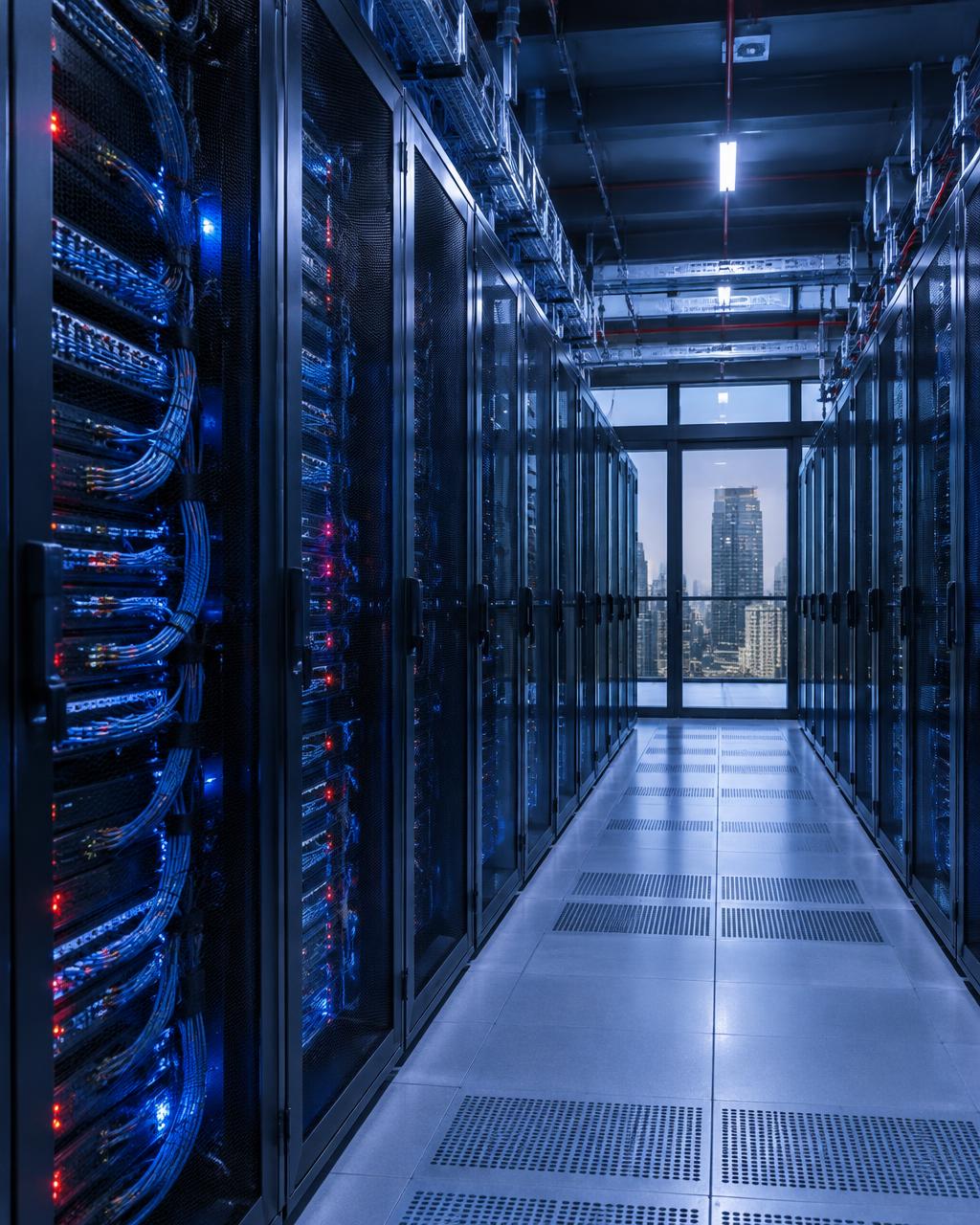 Rows of enterprise servers in a modern data centre