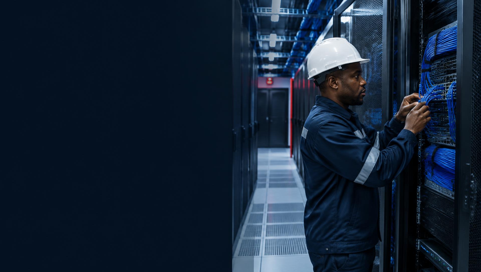 Illustration of an engineer working with data centre network equipment